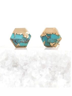 14k gold plated Teal Hexagon Stud Earrings
